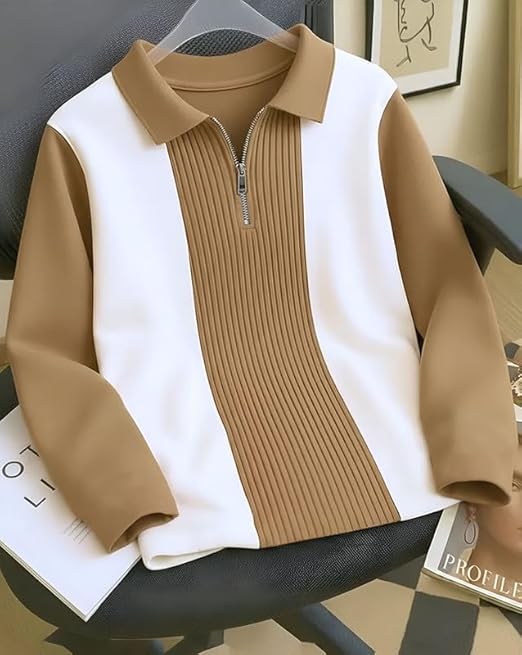 T-Shirt for Men Zip Neck Texture Self Design Cotton Blend Mens Tshirts