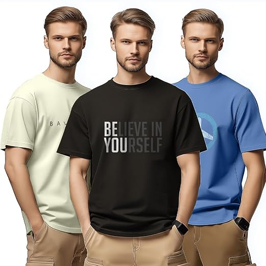 Nobero 100% Cotton Tshirts for Men Combo Pack of 3 | Regular Fit | Printed | Round Neck Half Sleeve
