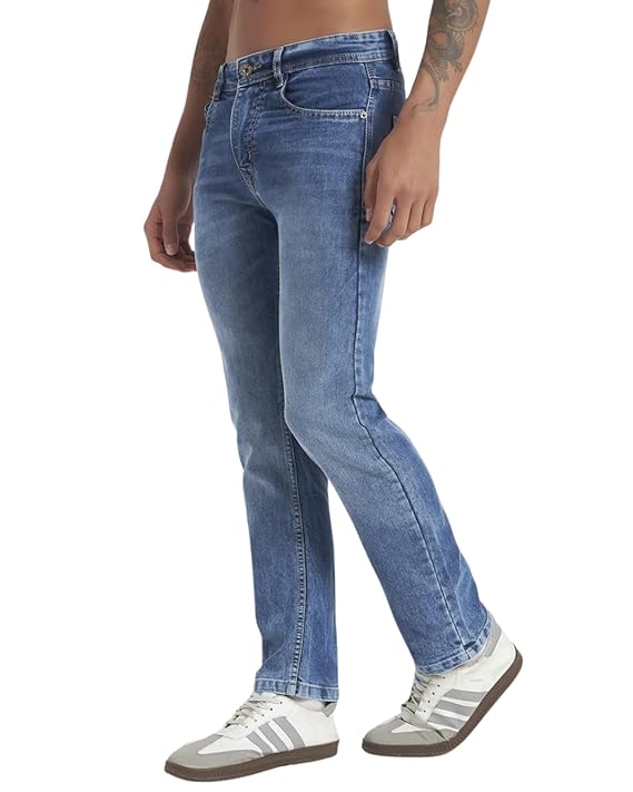 Men Regular Fit Jeans | Cotton Blend Stretchable Denim | Medium Blue Monkey Wash Casual Jeans