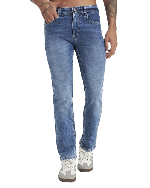 Men Regular Fit Jeans | Cotton Blend Stretchable Denim | Medium Blue Monkey Wash Casual Jeans