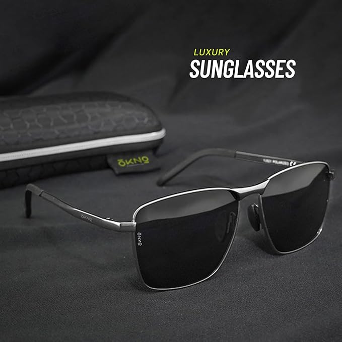 Eyewearlabs OKNO | Polarized Full Rim Alloy Square Branded Stylish Sunglasses For Men & Women | 100% UV Protection Shades | Cricket Sports Cycling Driving | Black Lens | Medium