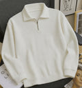 Striped Zip Neck Cotton Blend White, Silver, Beige T-Shirt