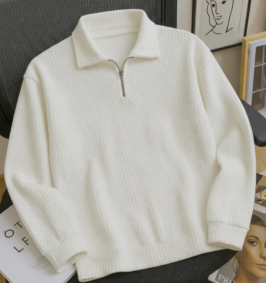 Striped Zip Neck Cotton Blend White, Silver, Beige T-Shirt