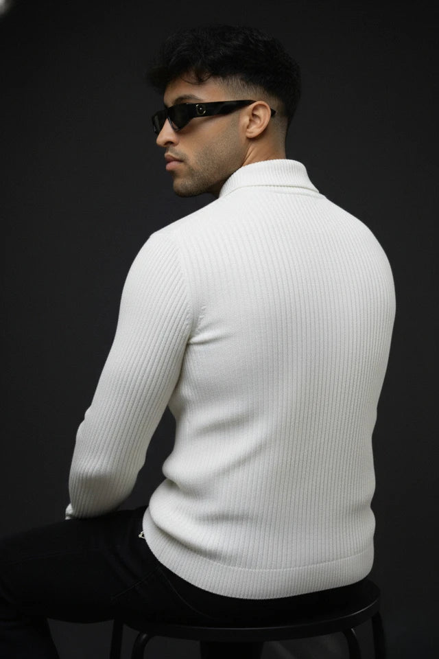 Striped Zip Neck Cotton Blend White, Silver, Beige T-Shirt